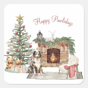 Pegatina Cuadrada Feliz Pawlidays Diseño de Perro - Pastor Australia
