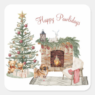 Pegatina Cuadrada Feliz Pawlidays Diseño de Perro - Pekinés