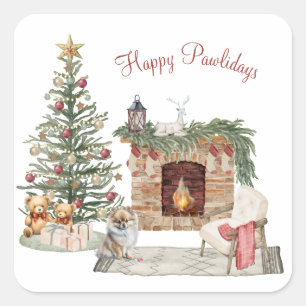 Pegatina Cuadrada Feliz Pawlidays Diseño de Perro - Pomerania