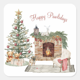 Pegatina Cuadrada Feliz Pawlidays Diseño de Perro - Pug