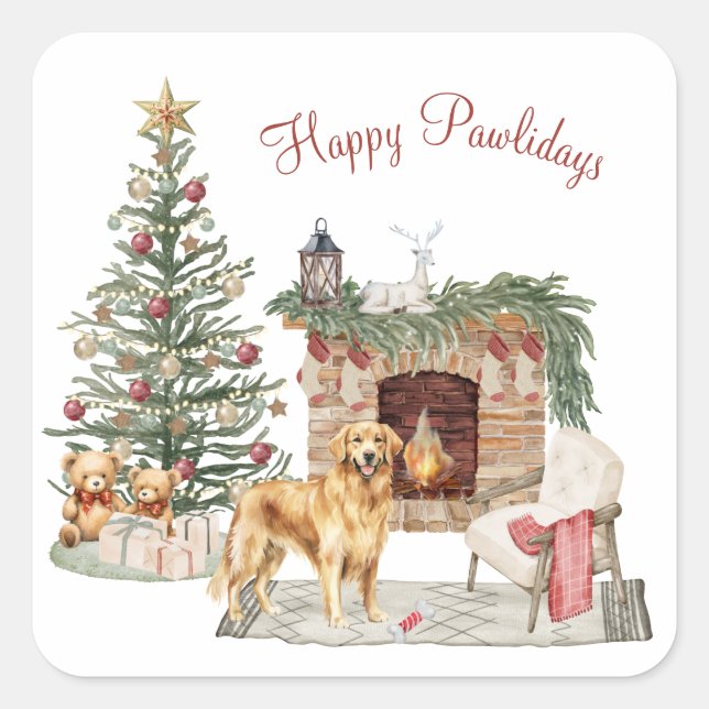 Pegatina Cuadrada Feliz Pawlidays Diseño de Perro - Retriever Dorado (Anverso)