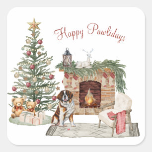 Pegatina Cuadrada Feliz Pawlidays Diseño de Perro - San Bernardo