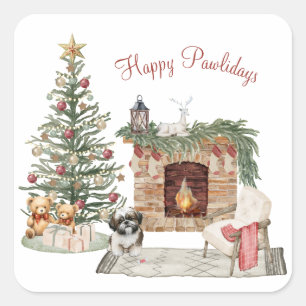 Pegatina Cuadrada Feliz Pawlidays Diseño de Perro - Shih Tzu