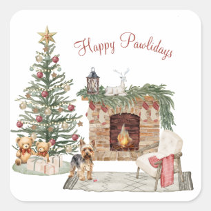 Pegatina Cuadrada Feliz Pawlidays Diseño de Perro - Yorkie