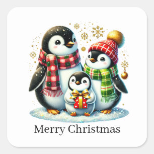 Pegatina Cuadrada Feliz personalizable de Pingüino de Navidad