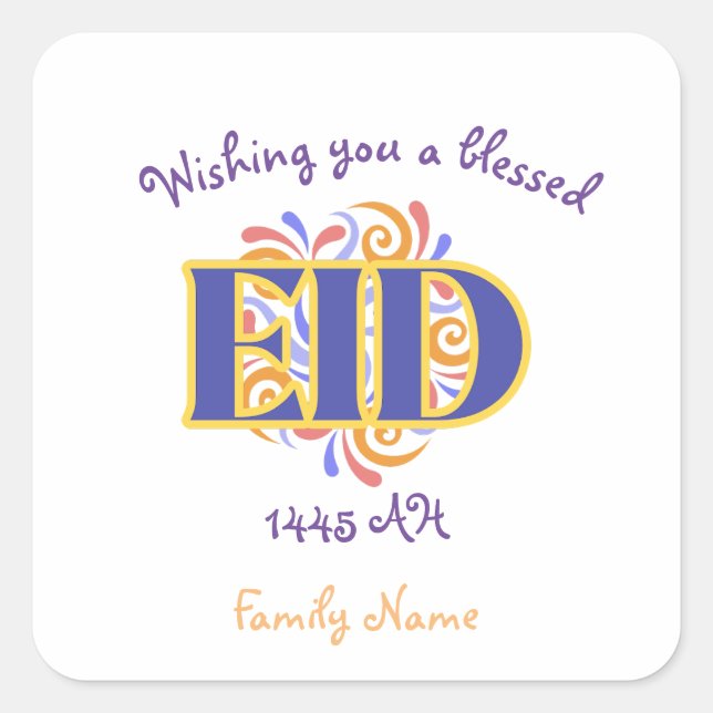 Pegatina Cuadrada Feliz Personalizado de Eid (Anverso)