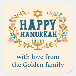 Pegatina Cuadrada FELIZ PERSONALIZADO de HAPPY HANUKKAH floral