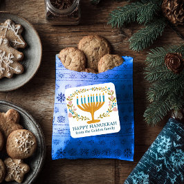 Pegatina Cuadrada FELIZ PERSONALIZADO de HAPPY HANUKKAH floral