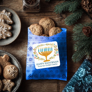 Pegatina Cuadrada FELIZ PERSONALIZADO de HAPPY HANUKKAH floral