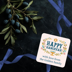 Pegatina Cuadrada FELIZ PERSONALIZADO de HAPPY HANUKKAH floral