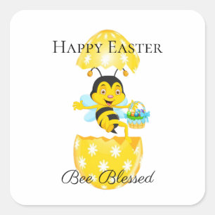 Pegatina Cuadrada Feliz Personalizado de la Abeja de Pascua