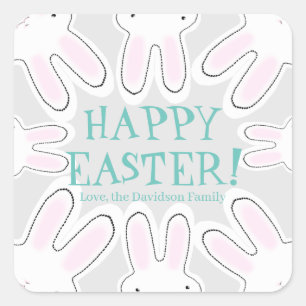 Pegatina Cuadrada Feliz personalizado gris pastel de Pascua texto li
