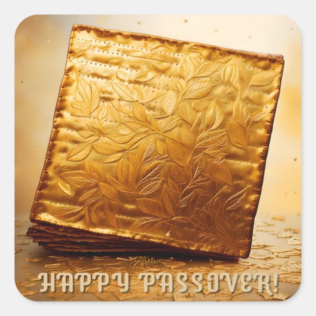 Pegatina Cuadrada ¡Feliz Pésaj! Matzá dorada (Anverso)