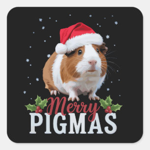 Pegatina Cuadrada Feliz Pigmas divertido conejillo de indias Navidad