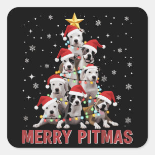 Pegatina Cuadrada Feliz Pitmas Pitbull Perro Árbol Navidad Feo