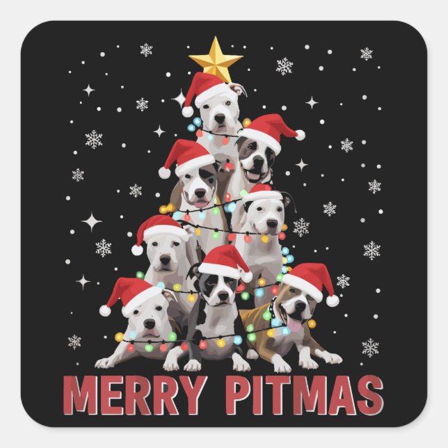 Pegatina Cuadrada Feliz Pitmas Pitbull Perro Árbol Navidad Feo (Anverso)