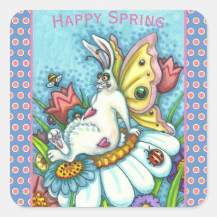 PEGATINA CUADRADA FELIZ PRIMAVERA FLUTTERBUN RABBIT, FUNNY BUNNY FAI