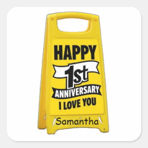 Pegatina Cuadrada feliz primer aniversario signo amarillo te amo