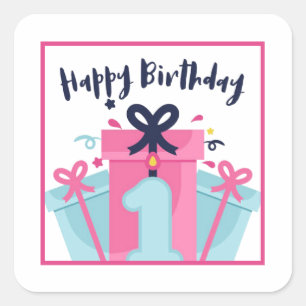 Pegatina Cuadrada Feliz primer cumpleaños