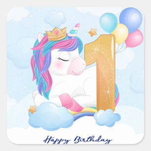 Pegatina Cuadrada Feliz primer cumpleaños de Unicorn
