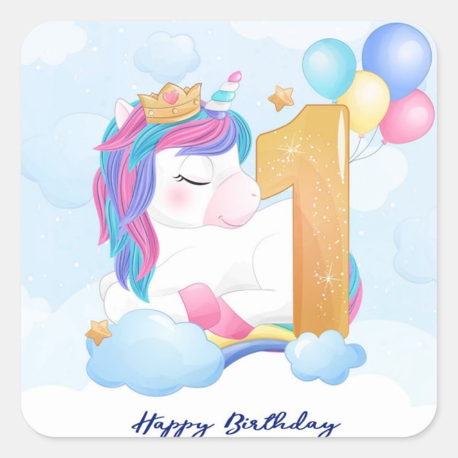 Pegatina Cuadrada Feliz primer cumpleaños de Unicorn (Anverso)