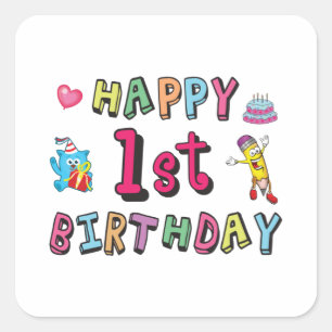 Pegatina Cuadrada Feliz primer cumpleaños para niños de 1 año deseo 