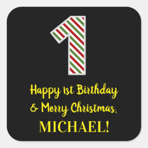 Pegatina Cuadrada Feliz primer cumpleaños y Feliz Navidad, nombre pe
