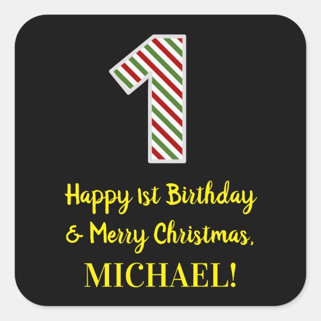 Pegatina Cuadrada Feliz primer cumpleaños y Feliz Navidad, nombre pe (Anverso)