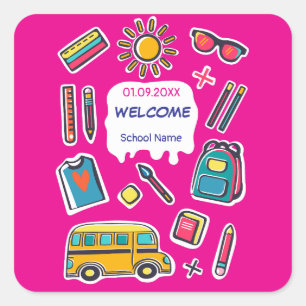 Pegatina Cuadrada Feliz Primer Día De Escuela BIENVENIDOS