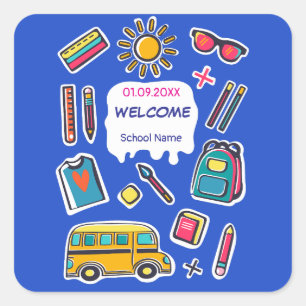 Pegatina Cuadrada Feliz Primer Día De Escuela BIENVENIDOS