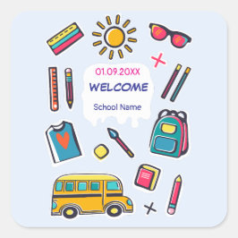 Pegatina Cuadrada Feliz Primer Día de Escuela BIENVENIDOS