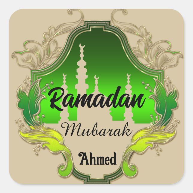 Pegatina Cuadrada Feliz Ramadán Mubarak Kareem personalizado 2024 (Anverso)