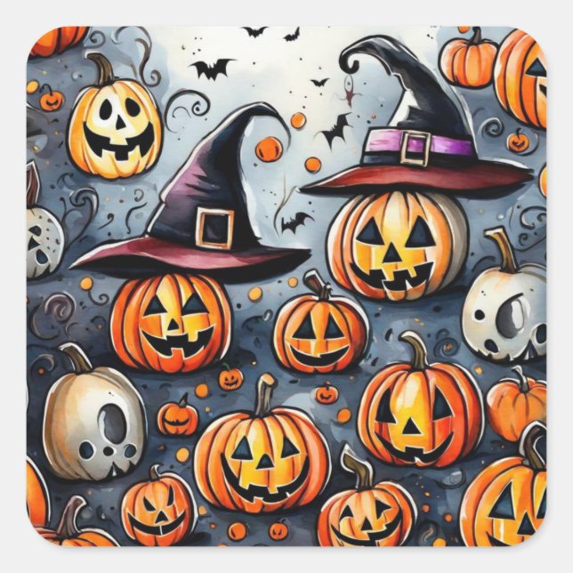 Pegatina Cuadrada Feliz regalo de Halloween con trucos o trucos (Anverso)