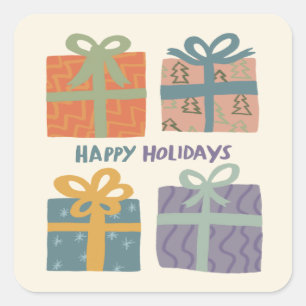 Pegatina Cuadrada FELIZ Regalos de VACACIONES Presenta PERSONALIZADO