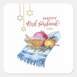 Pegatina Cuadrada Feliz Rosh Hashaná en acuarela