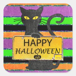 Pegatina Cuadrada Feliz Rótulo Rústico de Gato Negro de Halloween Pe
