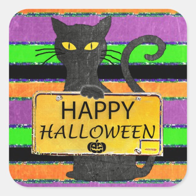 Pegatina Cuadrada Feliz Rótulo Rústico de Gato Negro de Halloween Pe (Anverso)