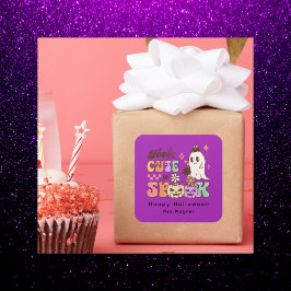 Pegatina Cuadrada Feliz saludo de Halloween rosa y negro