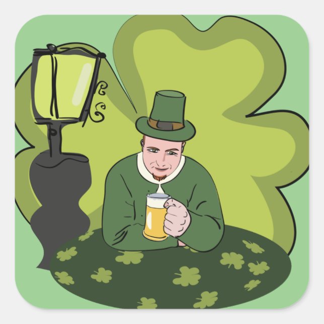 PEGATINA CUADRADA "FELIZ SAN. DÍA DE PATRICK" LEPRECHAUN (Anverso)