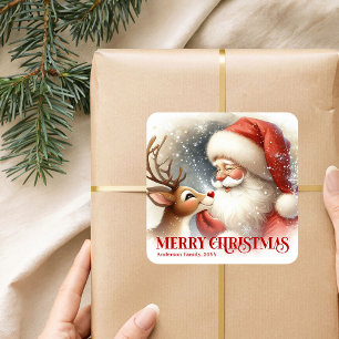 Pegatina Cuadrada Feliz Santa Claus Rudolph Personalizado Niños Holi