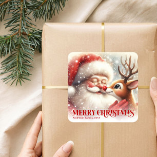 Pegatina Cuadrada Feliz Santa Claus Rudolph Regalo Personalizado par