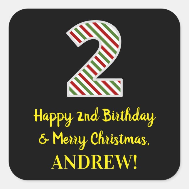Pegatina Cuadrada Feliz segundo cumpleaños y Feliz Navidad, nombre p (Anverso)