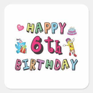 Pegatina Cuadrada Feliz sexto cumpleaños sorpresa de cumpleaños de
