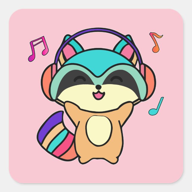 Pegatina Cuadrada Feliz sonriente bebé mapache con auriculares. (Anverso)