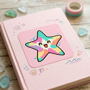 Pegatina Cuadrada Feliz sonriente bebé pez estrella con burbujas.