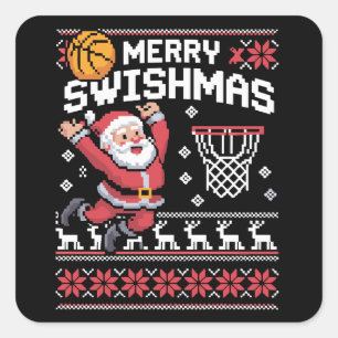 Pegatina Cuadrada Feliz Swishmas Baloncesto Feo Navidad Xmas 