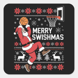 Pegatina Cuadrada Feliz Swishmas Baloncesto Feo Navidad Xmas