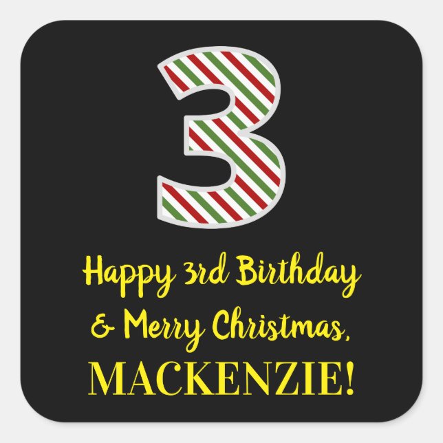 Pegatina Cuadrada Feliz tercer cumpleaños y Feliz Navidad, nombre pe (Anverso)