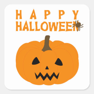 Pegatina Cuadrada Feliz texto de Halloween y calabaza en blanco