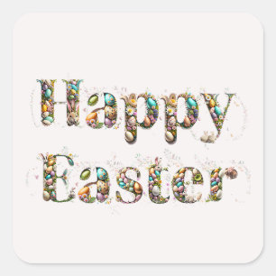 Pegatina Cuadrada Feliz texto decorativo de Pascua